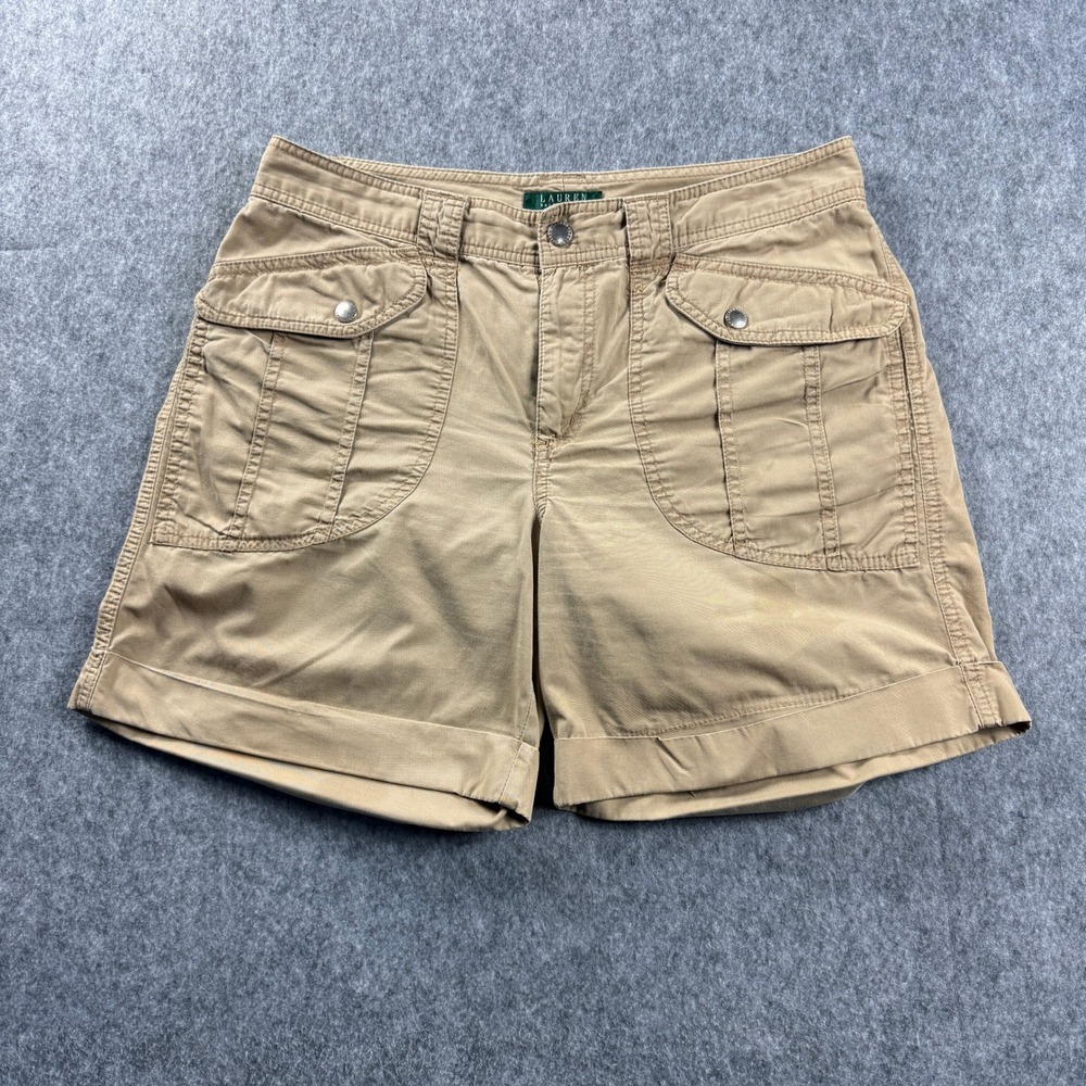 Lauren Ralph Lauren Womens 10 Cuffed Utility Cargo Shorts Tan Cotton Flap Pocket